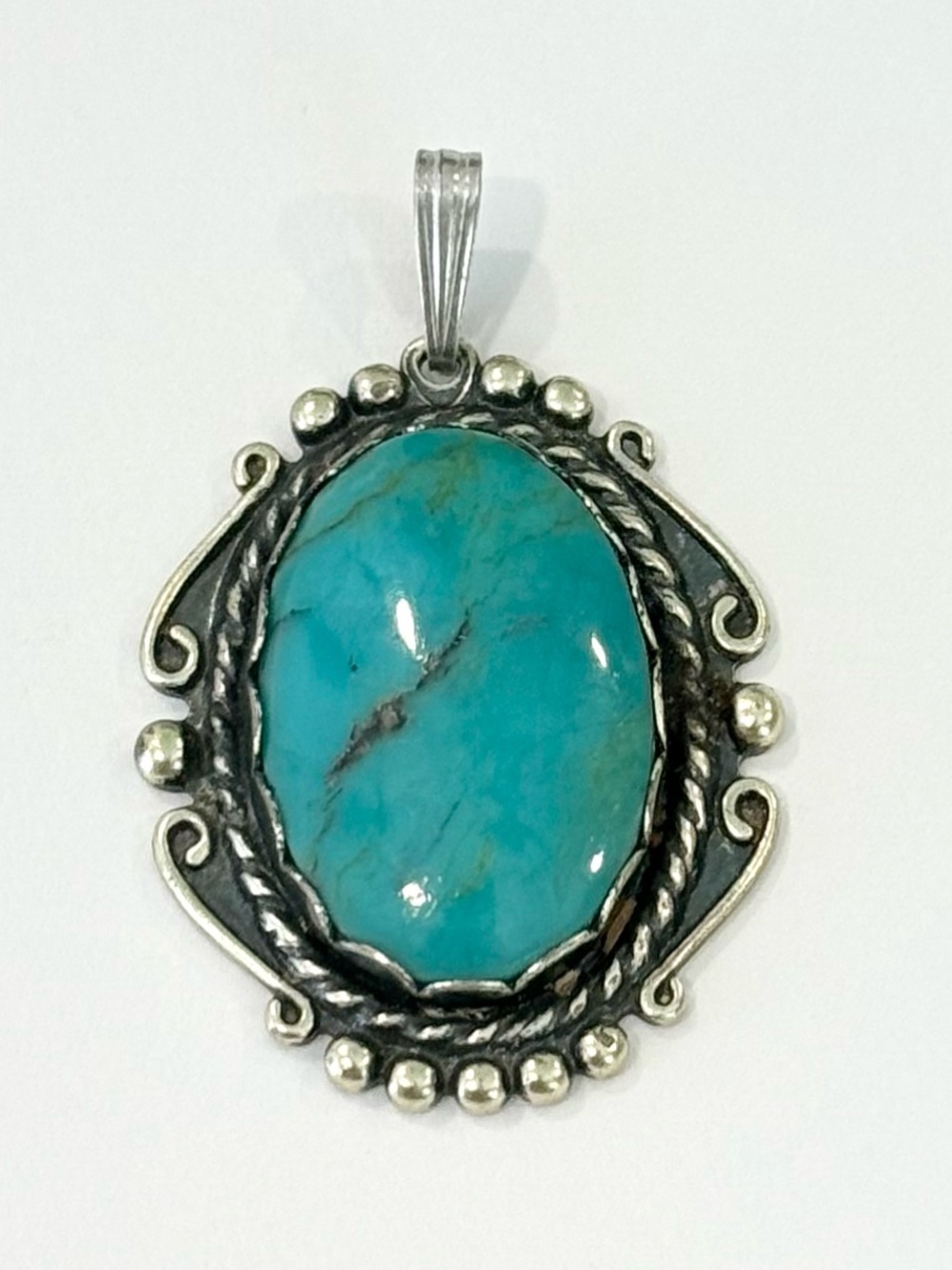 Vintage Large Turquoise Sterling Silver Pendant Oval Navajo Native American